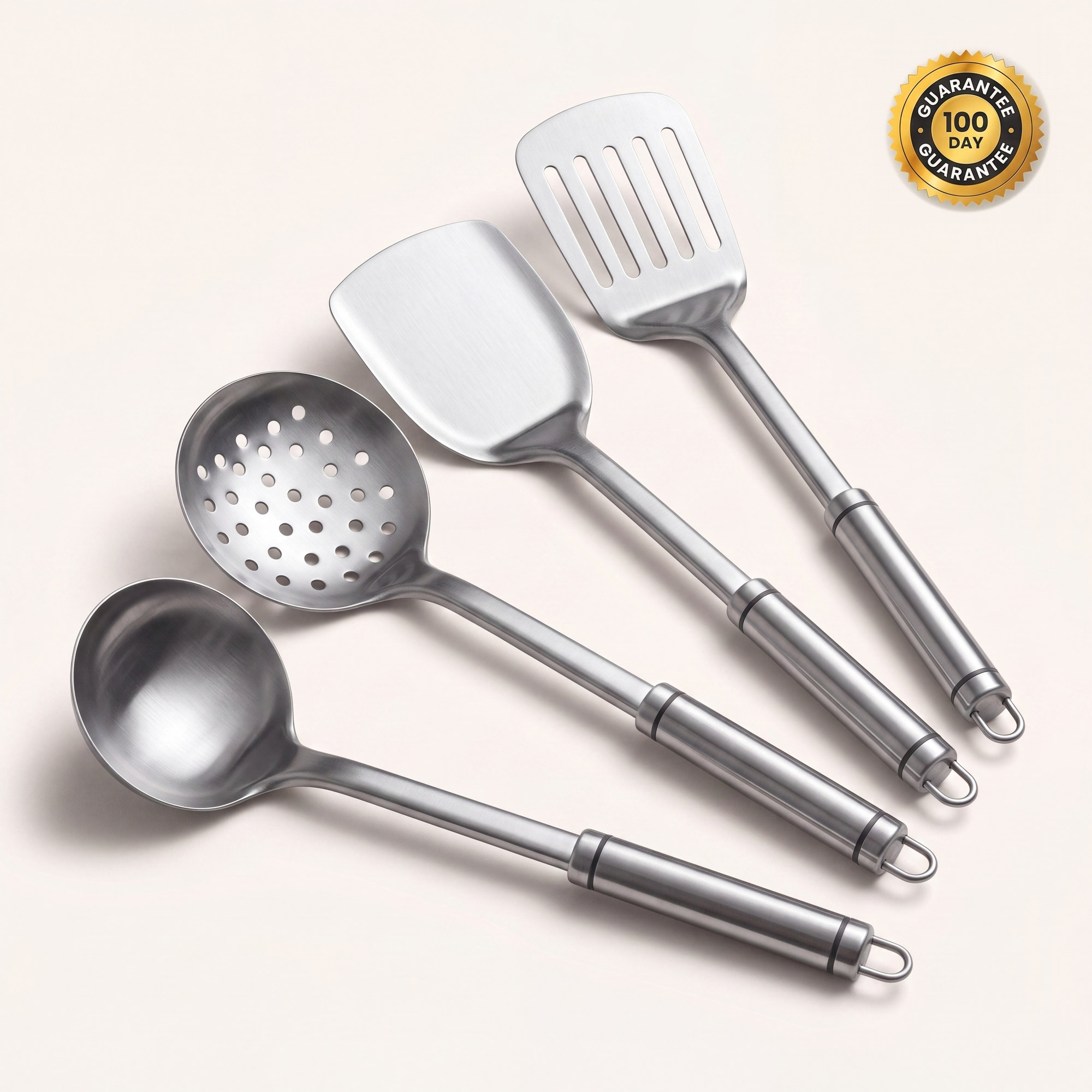 TitaniumPro kitchen utensils set, 100 day guarantee badge