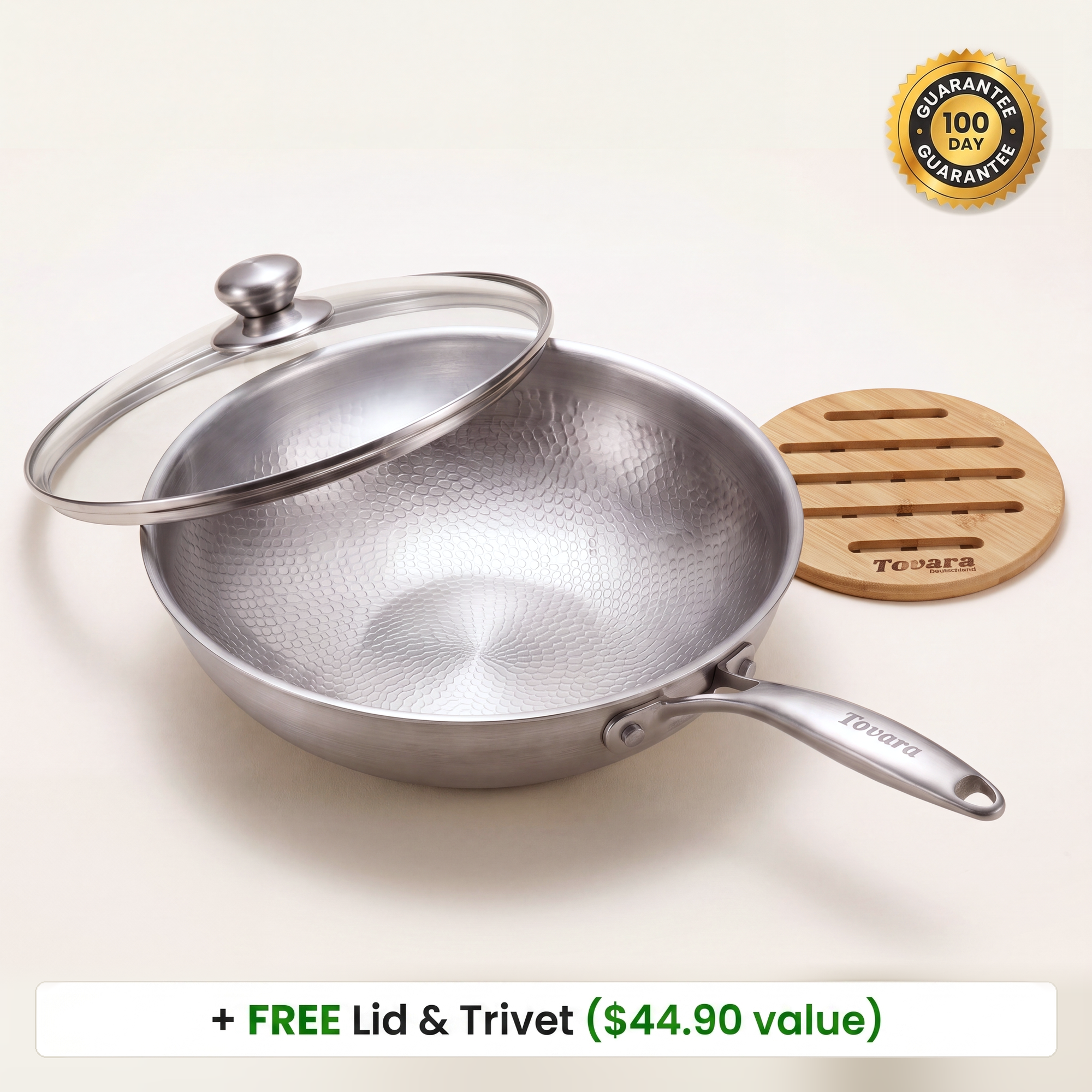 TitaniumPro Wok with free lid and trivet, 100 day guarantee badge