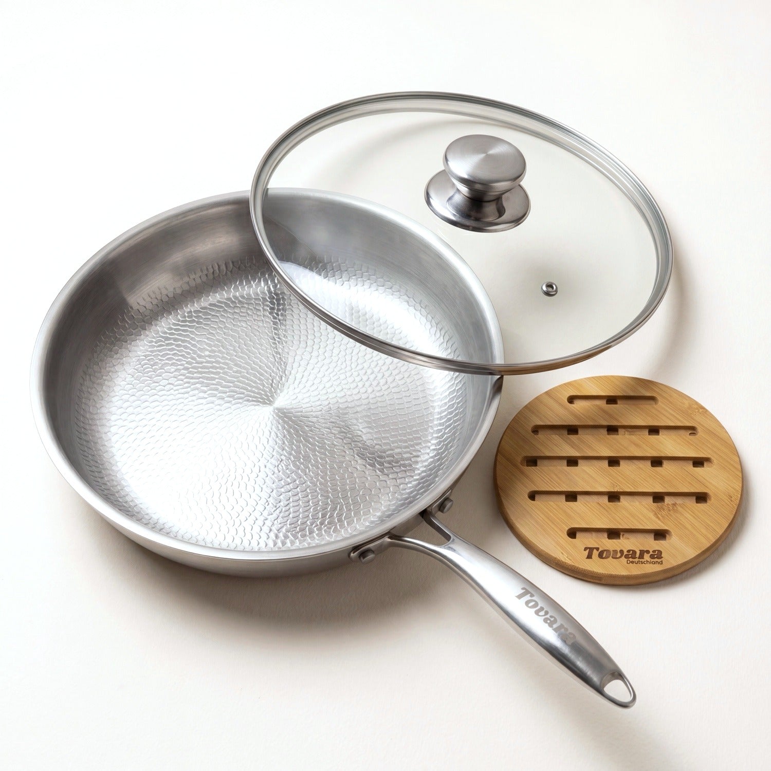 Set: Pfanne, Glasdeckel und Untersetzer