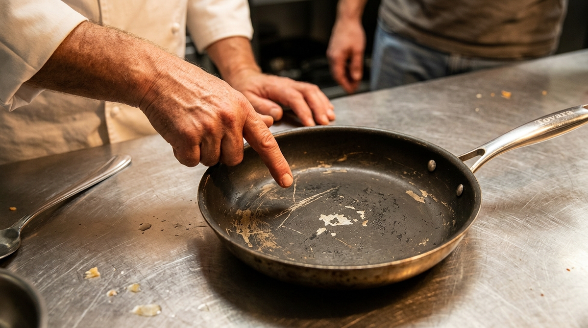 Chef at the stove in a professional kitchen with pans on flames