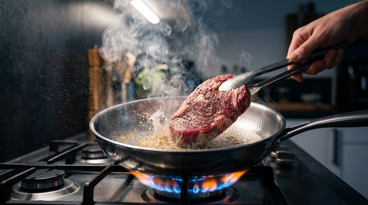 Steak with a perfect crust in the TitaniumPro pan