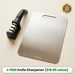 TitaniumPro Cutting Board with free knife sharpener, 100 day guarantee badge
