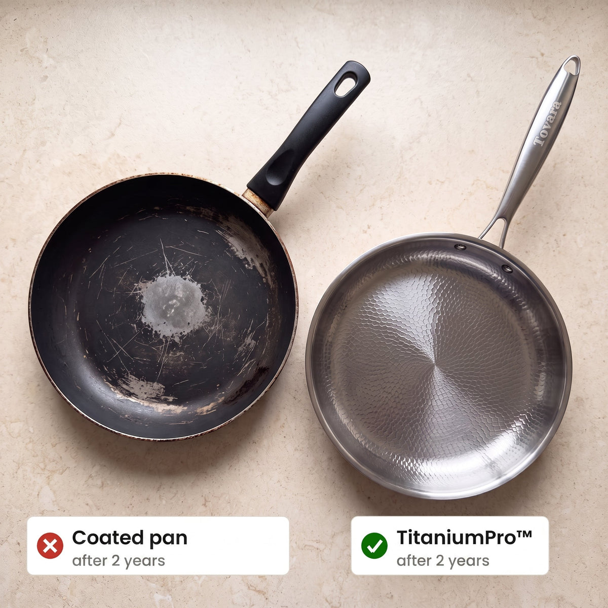 Coated pan after 2 years compared to TitaniumPro after 2 years