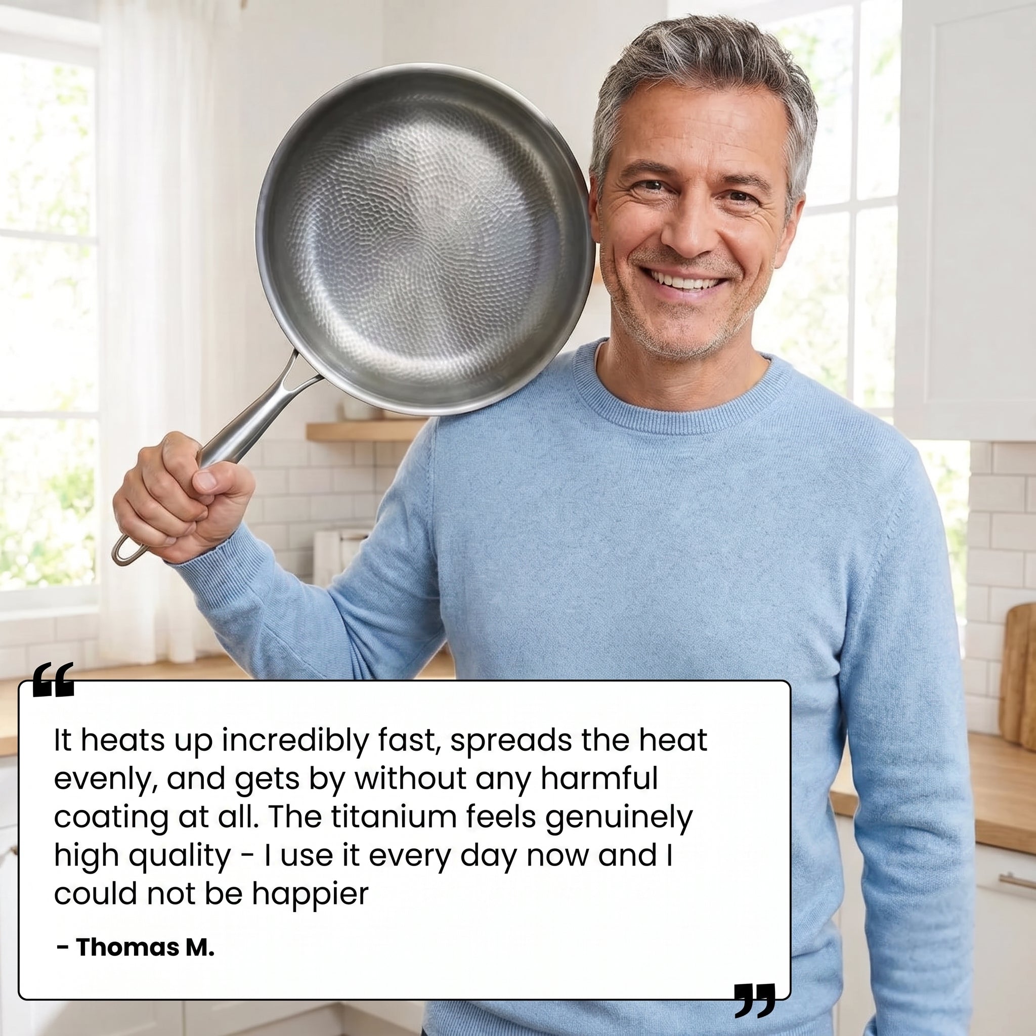 Customer review: heats fast, spreads heat evenly, no harmful coating