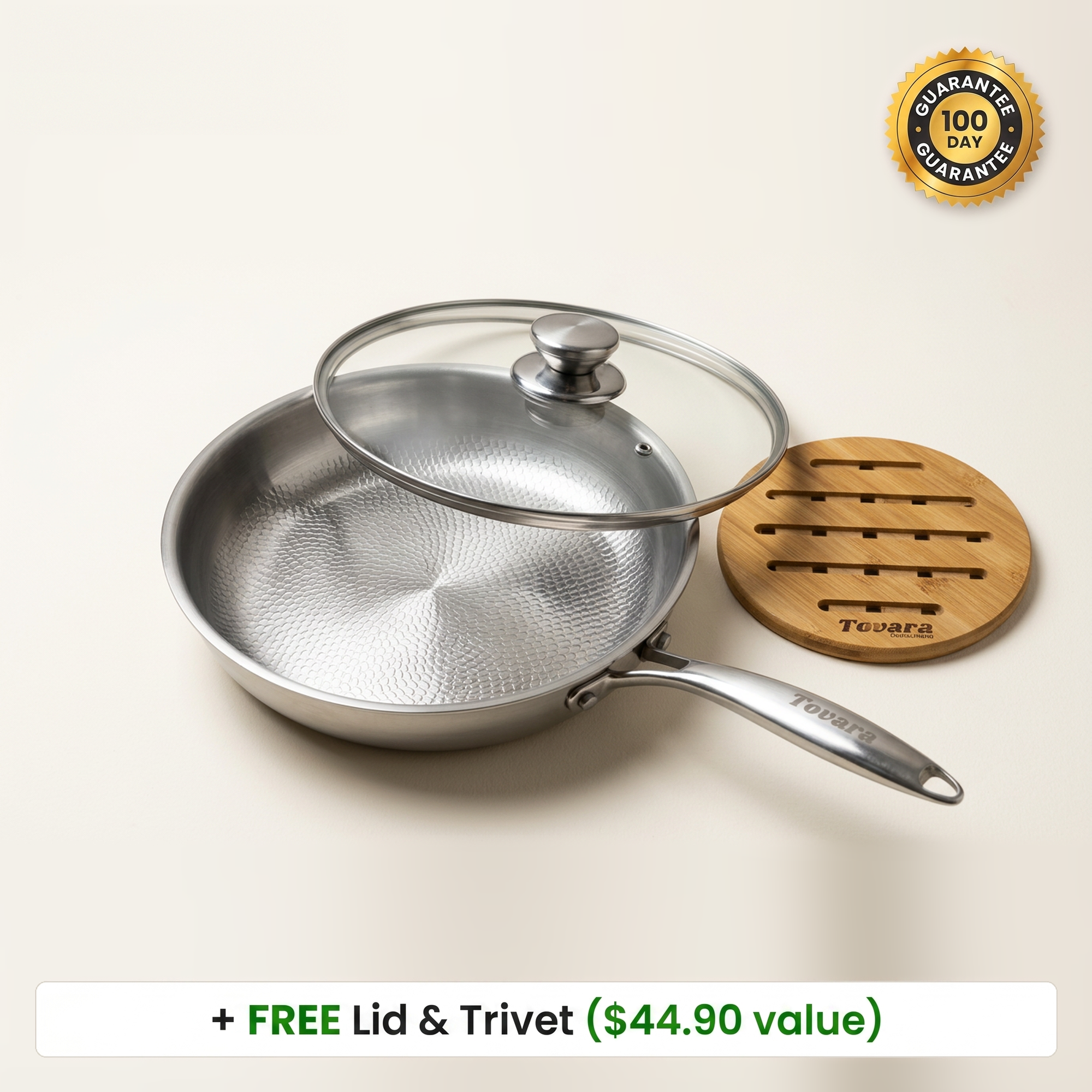 TitaniumPro Pan with free lid and trivet, 100 day guarantee badge