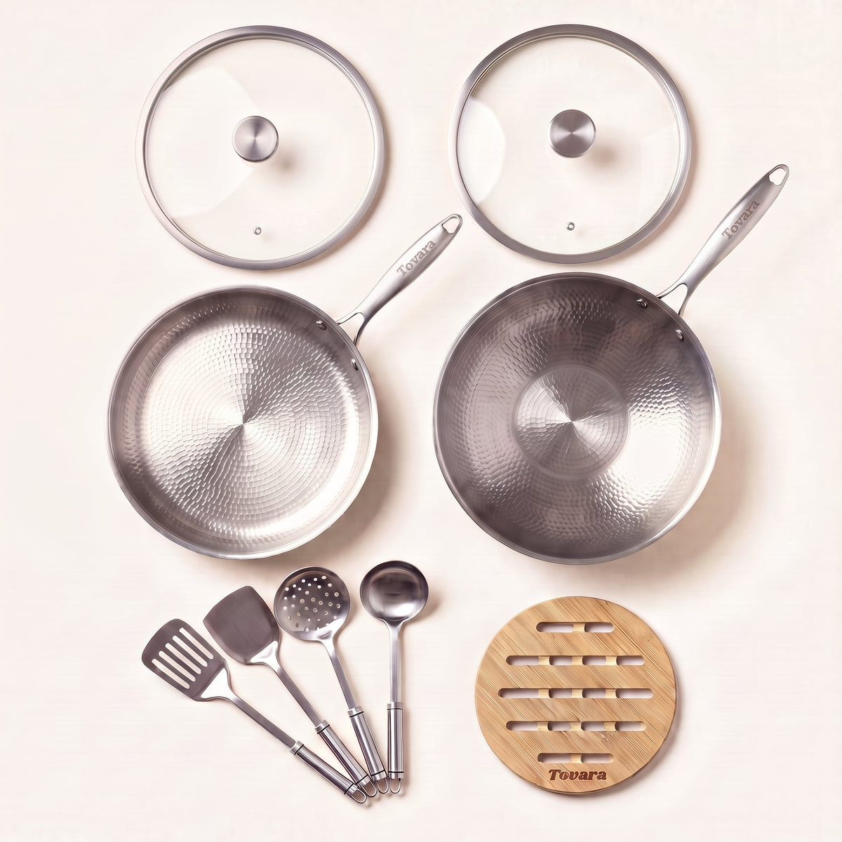 TitaniumPro Basic Pan Set: two pans, utensils, two glass lids and a bamboo trivet