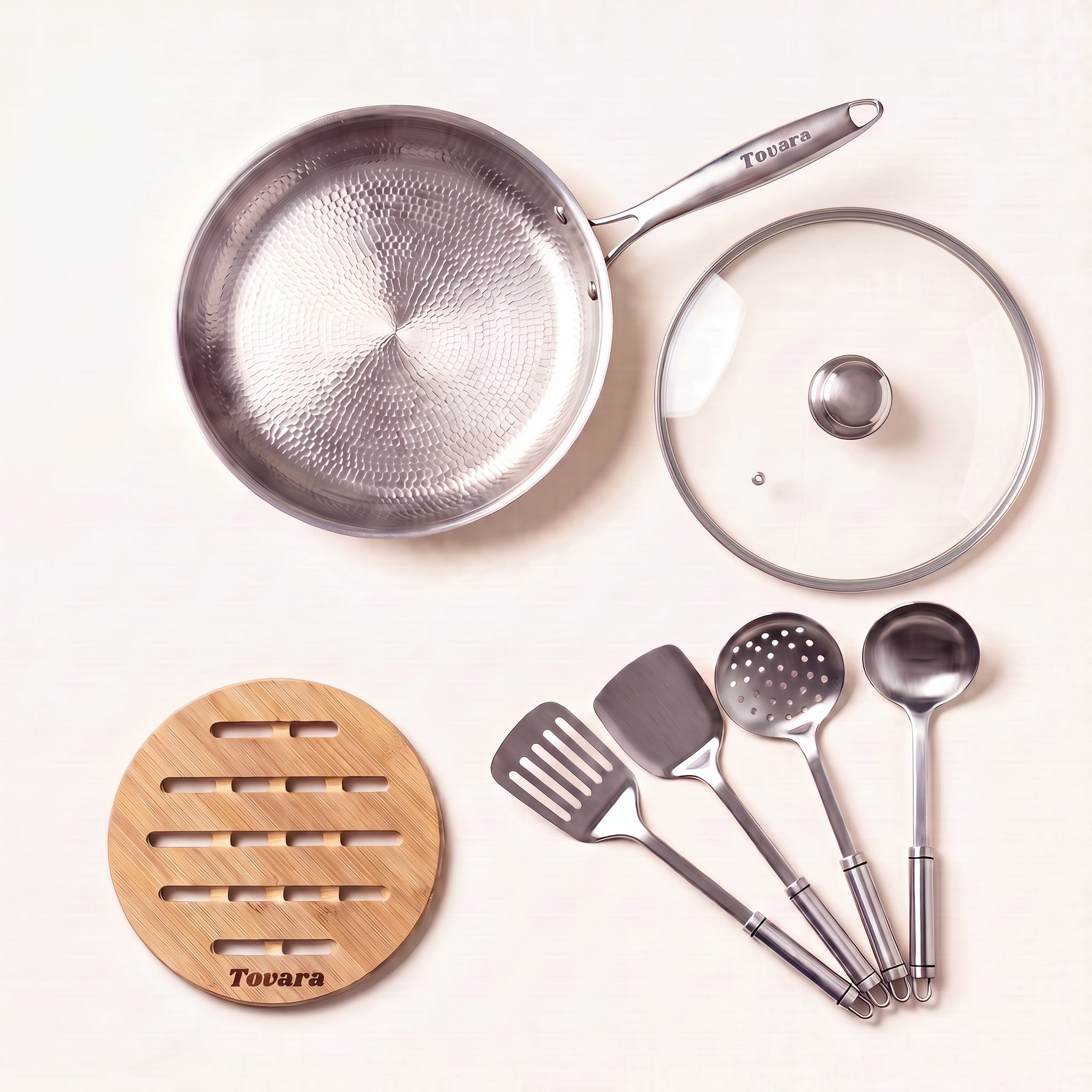 TitaniumPro Starter Pan Set: pan, utensils, glass lid and a bamboo trivet