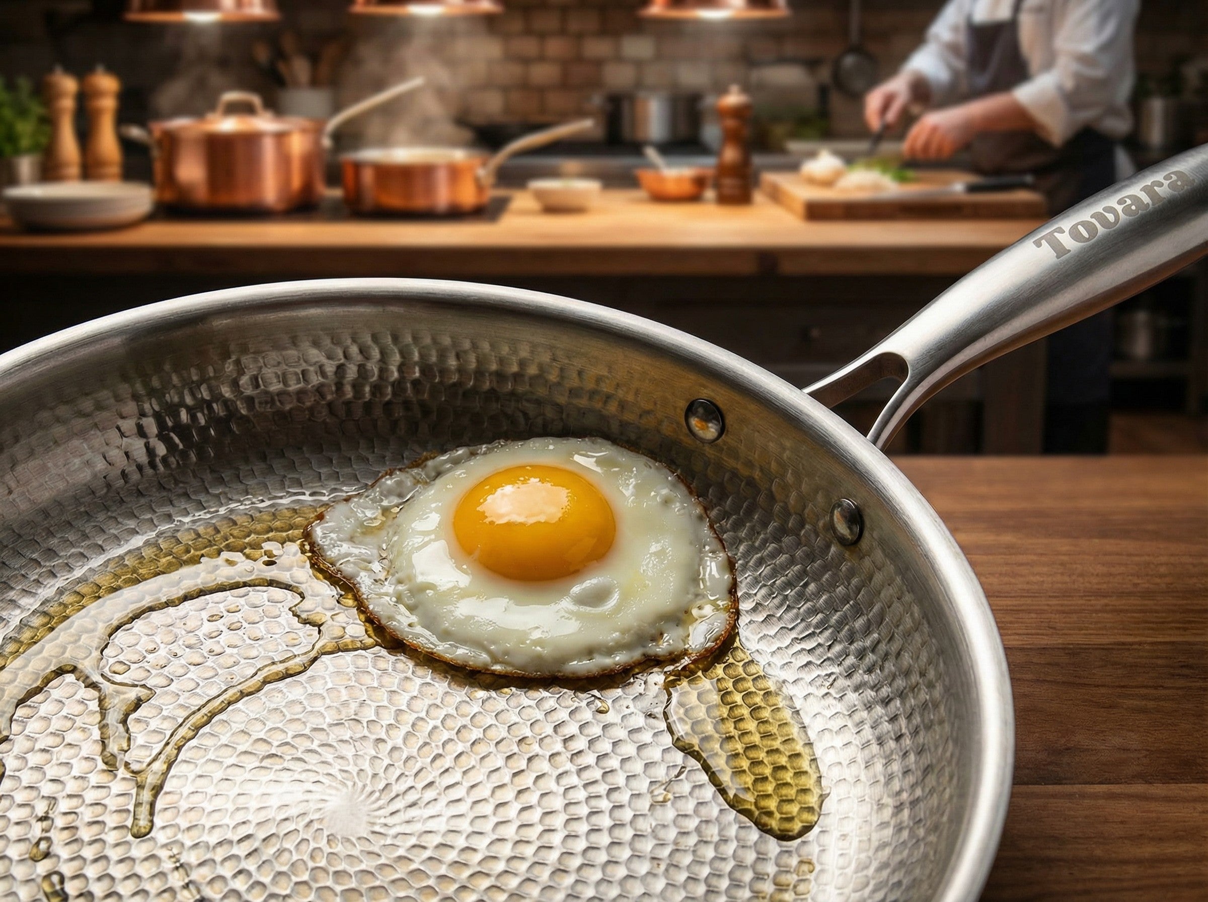 Fried egg glides effortlessly on the hammered surface