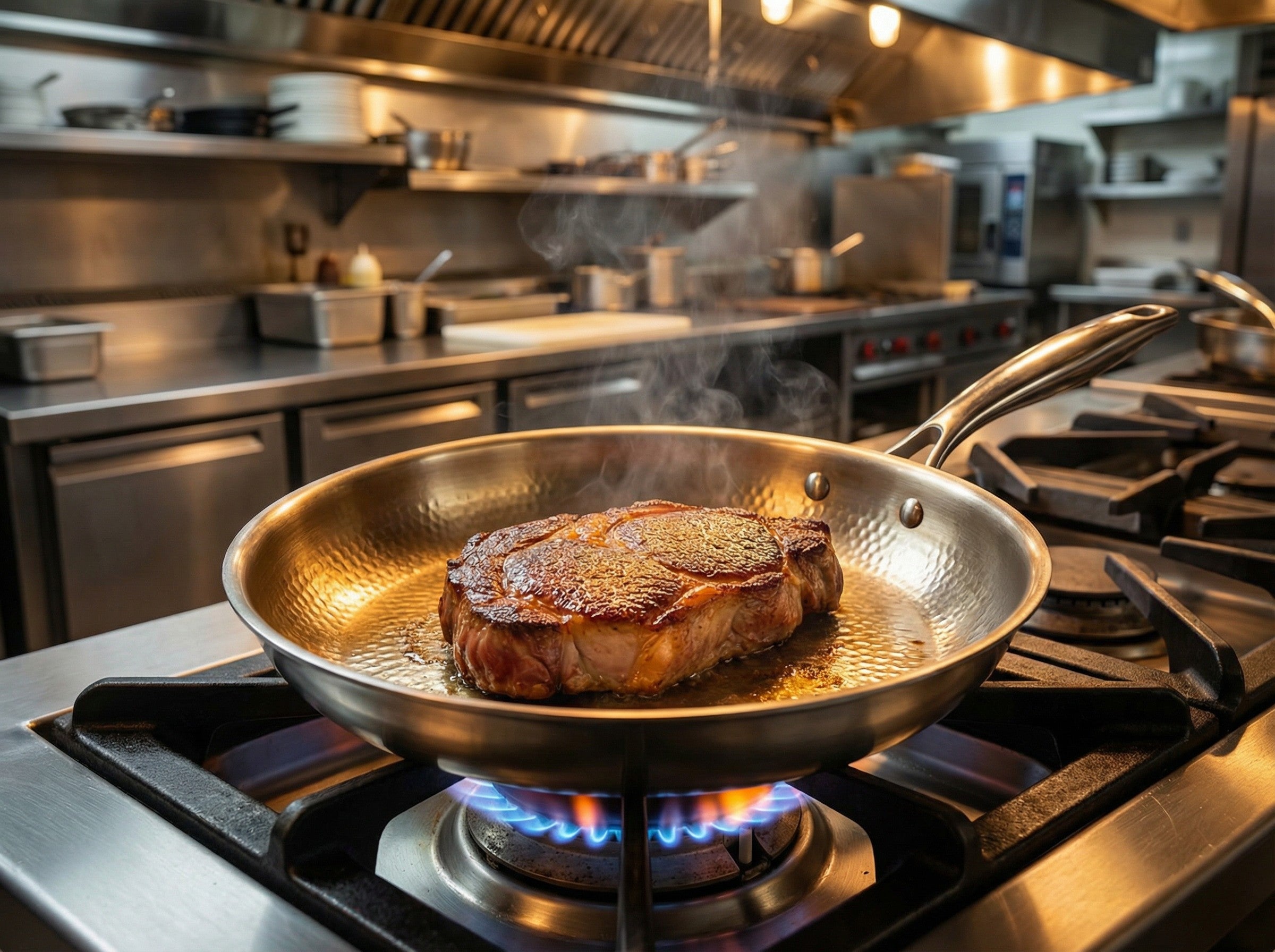 Perfect steak in the titanium pan on the gas hob