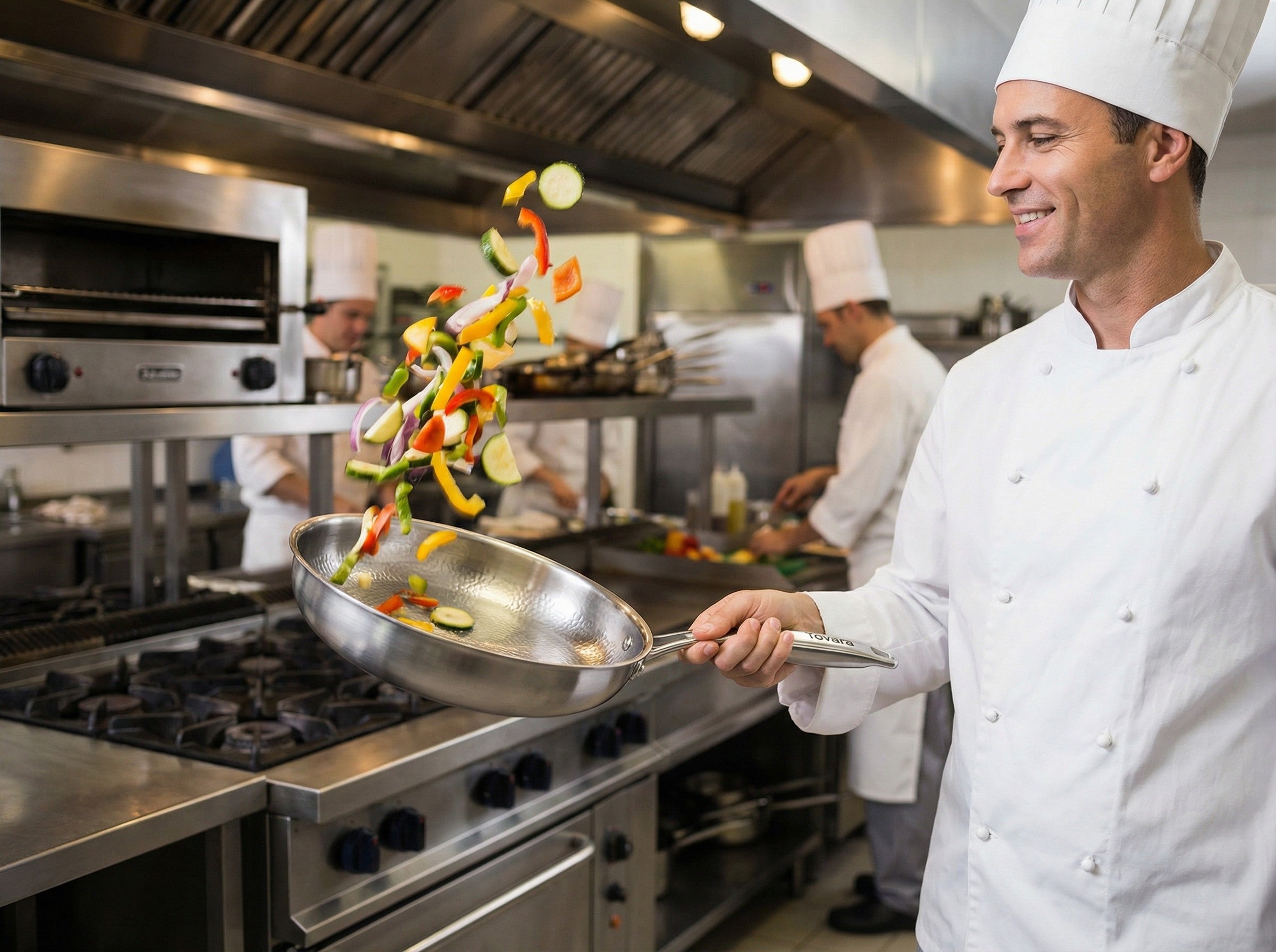 Chef effortlessly tosses vegetables in the lightweight titanium pan