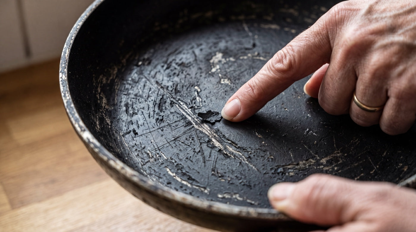 Finger zeigt auf ein loses schwarzes Beschichtungs-Partikel in einer alten, zerkratzten Pfanne