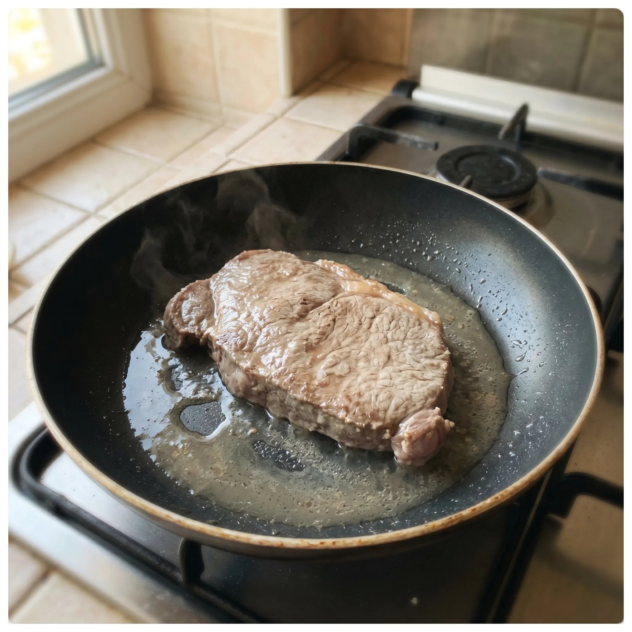 Graues Steak ohne Kruste klebt in einer Antihaft-Pfanne