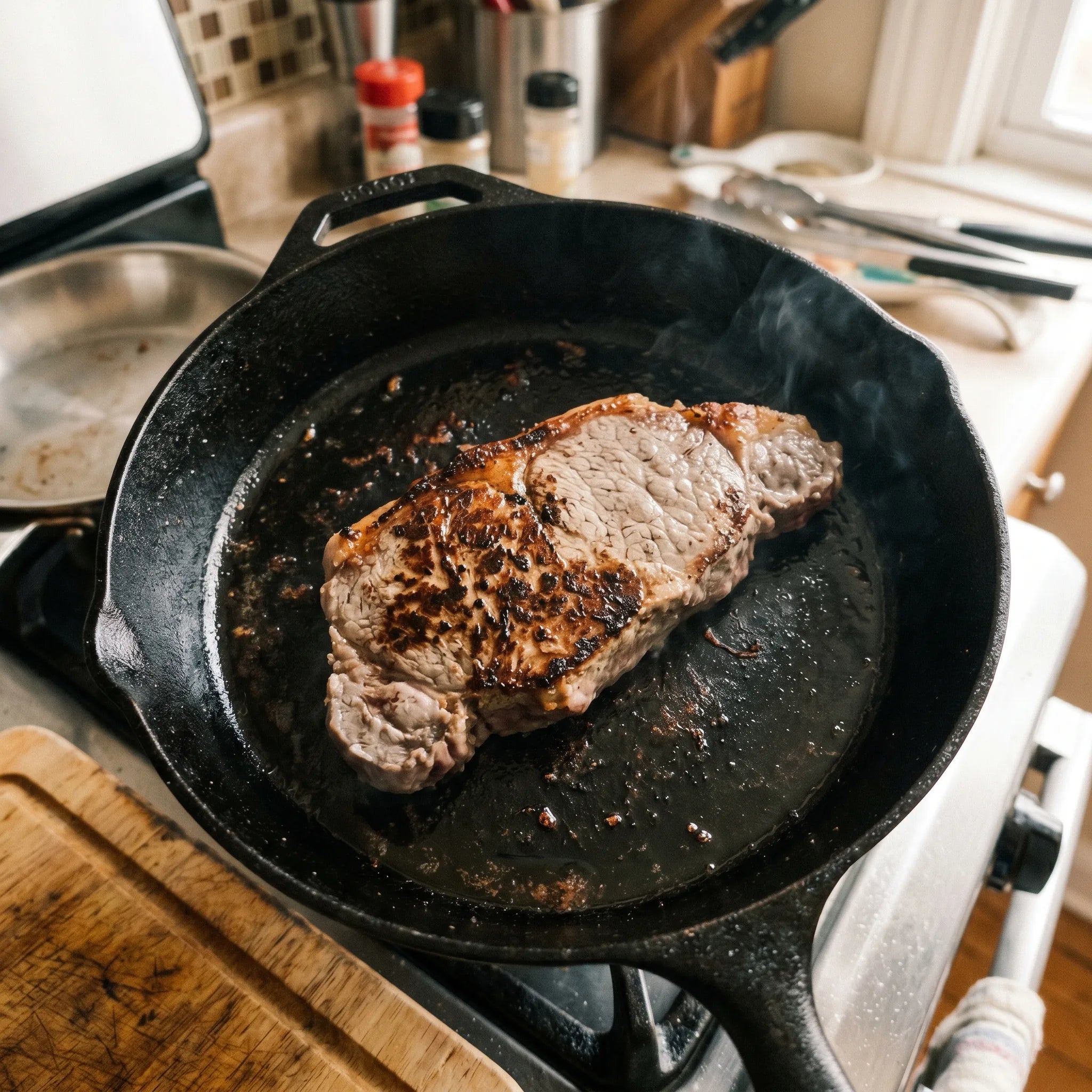 Ungleichmäßig angebratenes Steak in einer schweren Gusseisen-Pfanne