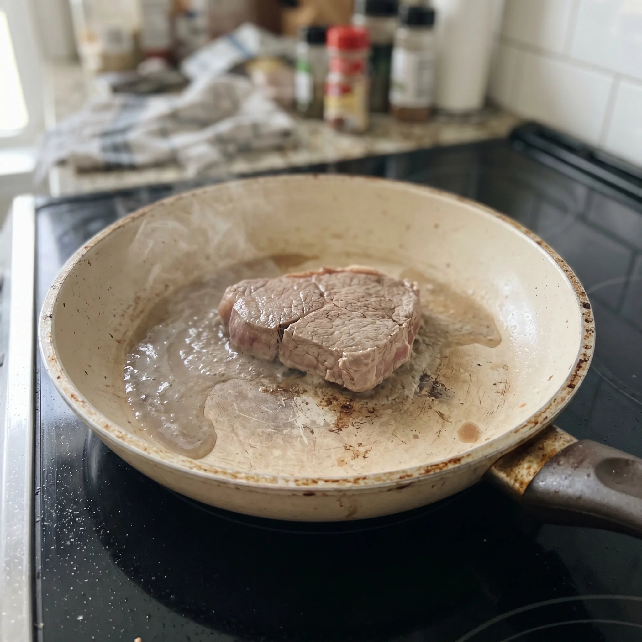 Steak klebt auf einer abgenutzten Keramik-Pfanne