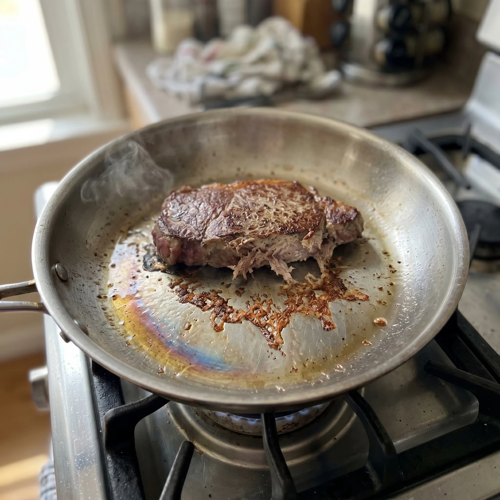 Steak sticking and the crust tearing in a stainless steel pan